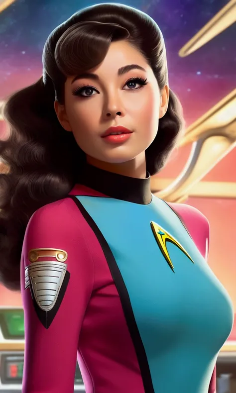 cute woman, 1girl, 25yearsold, amazing butt, 1960s star trek miniskirt uniform, happy go lucky new yeoman on the starship enterprise, extremely detailed face and eyes, beautiful detailed lips, longeyelashes, photorealistic, 8k, hyperdetailed, masterpiece, ...