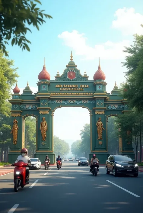 (photorealism:1.2), Yangas photos are very realistic,The monument gate, in the middle of the road, says, KP CABANG DUA LENGGAHSARI , the color of the monument is green and reddish and there are motorbikes and cars passing by 