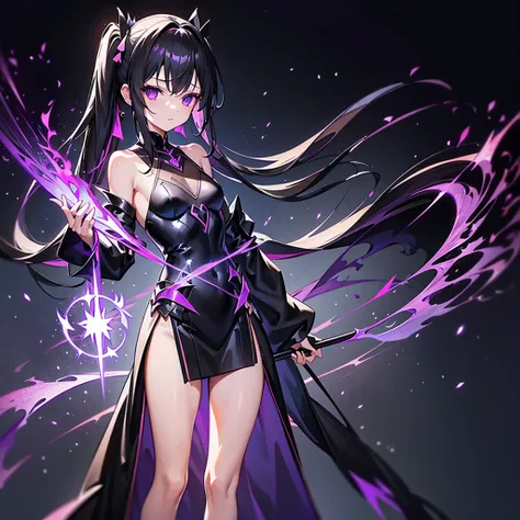 holding a black-purple flame bow and arrow 1.9((alone))(long side ponytail 1.8)((small breasts1.8))young body 1.2、long black hai...