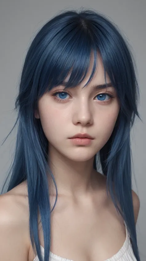 bust shot. a european girl. expression of extreme sadness. delicate features. round face. half-closed eyes. blue eyes. long messy hairstyle. blue hair