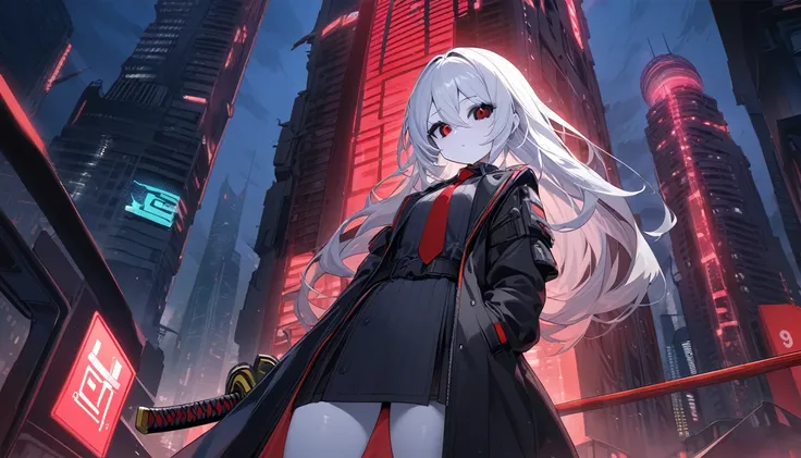 score_9, score_8_up, score_7_up, master piece, best quality, 1girl, solo, red eyes, black sclera, white hair, white skin, flat cheast, long hair, hair between eyes black coat, red tie, petite girl, cyberpunk city, sky tower black and red, red lighting, nig...