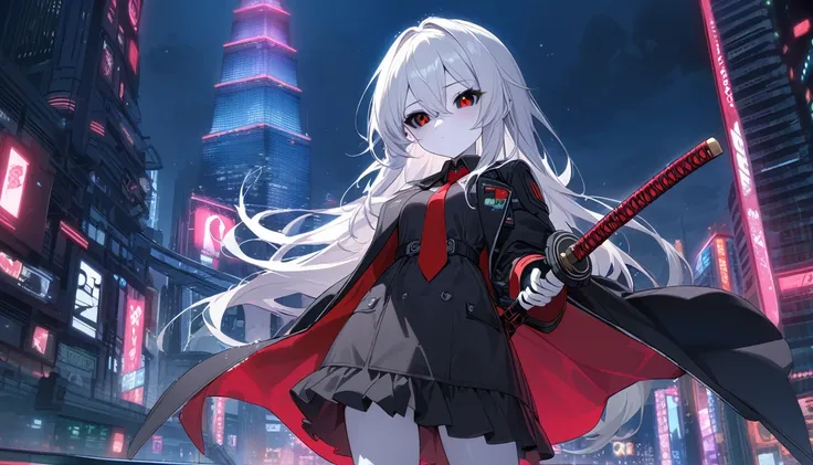 score_9, score_8_up, score_7_up, master piece, best quality, 1girl, solo, red eyes, black sclera, white hair, white skin, flat cheast, long hair, hair between eyes black coat, red tie, petite girl, cyberpunk city, sky tower black and red, red lighting, nig...