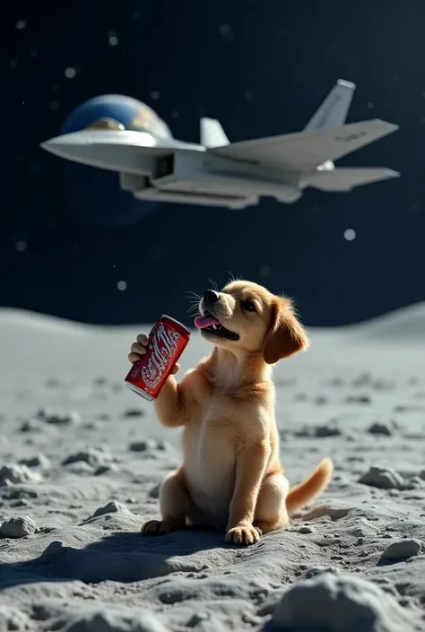 A dog drinking soda on the Moon with an f22 plane on