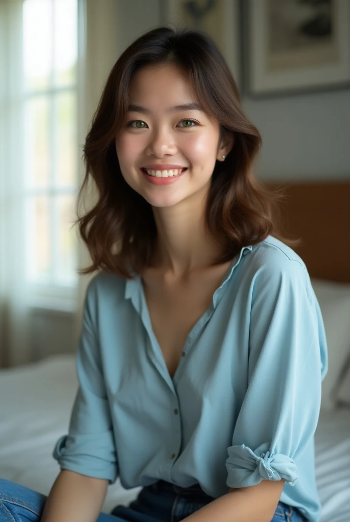 Create a highly realistic image of own herself selfie photo a young Asian woman in her early 20s. She has medium-length brown hair with soft waves, green eyes, and a warm smile. She’s wearing a casual outfit: a light blue blouse and jeans. The background i...