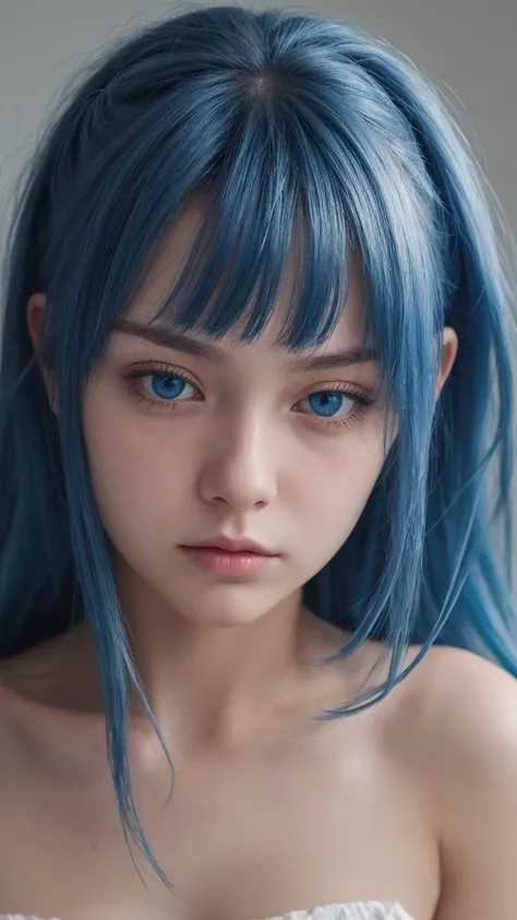 bust shot. a european girl. expression of extreme sadness. delicate features. round face. half-closed eyes. blue eyes. long messy hairstyle. blue hair