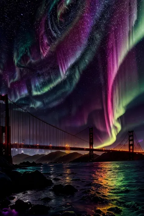 a magical landscape, a psychedelic colored aurora borealis over The Golden Gate Bridge, a luminescent San Francisco Bay, the silhouette of two fit Mexican-American hunks kissing, fantasy art, cinematic lighting, highly detailed, dramatic clouds, glowing wa...