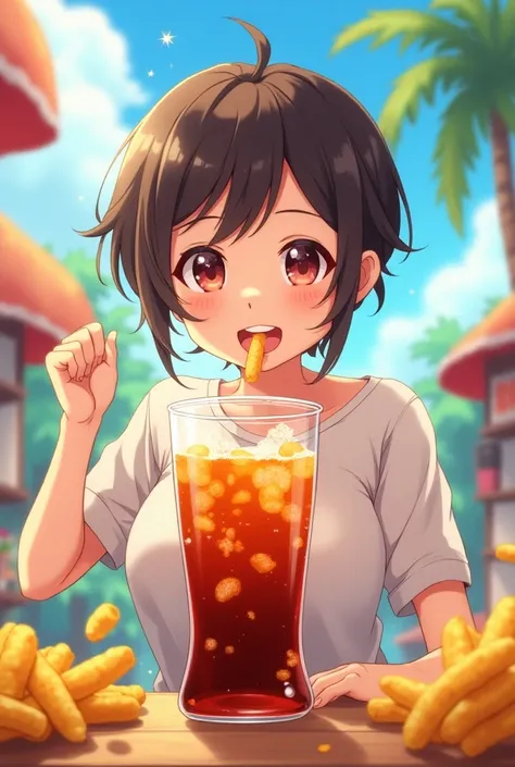  Anime-themed 、コーラを飲んでいる、crisps
Drinking 1 persons 、 capital letter GOGO drinking cola
smile, 