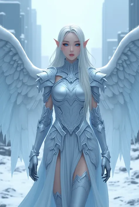 dark anime style: angel woman with white skin, white hair, blue eyes, elf ears, female armor, ice wings, in a snow-covered city.