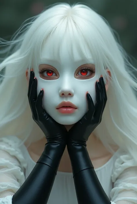 Girl lying down with white hair and red eyes Kawai wearing a full face porcelain mask with 5 fingers and black gloves 