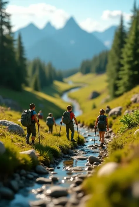 A picture of hikers, hiking, in diaroma saiz, miniatures size, natural lights, details, photography 