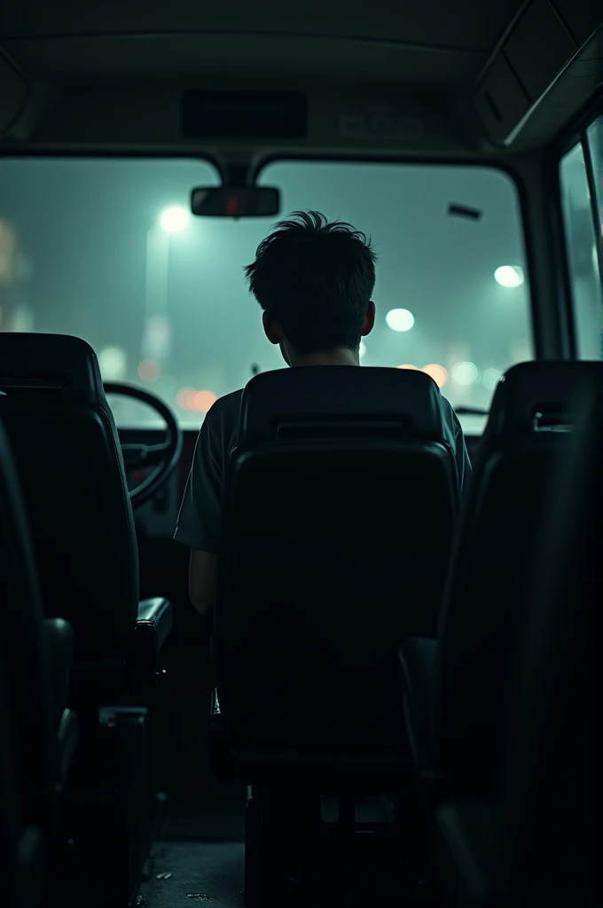 Young man sitting behind empty bus driver in the dark. terror