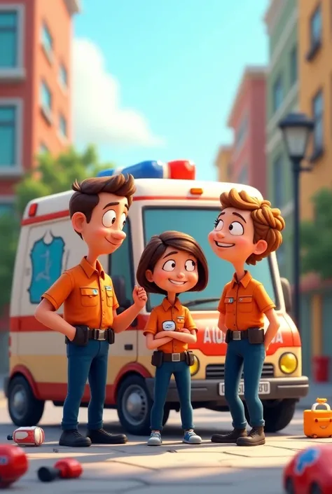  Please generate an image in Pixars advertising style,  of two paramedics ,  one of them a man and the other a woman , with your ambulance . Set the title to be : “Civil Protection Paramedics” ,  make the paramedics uniform orange with dark blue pants,  an...