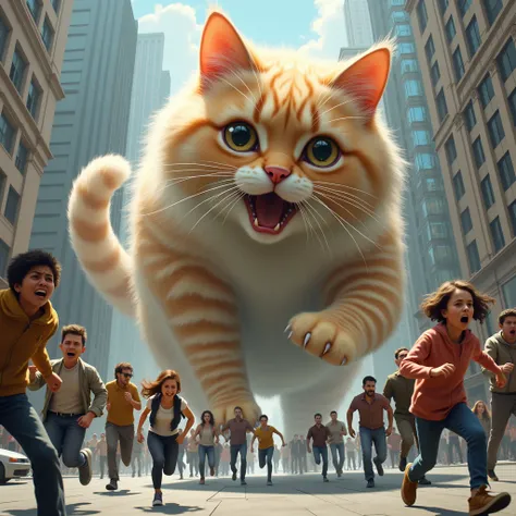 Humans desperately run away from a huge cute cat