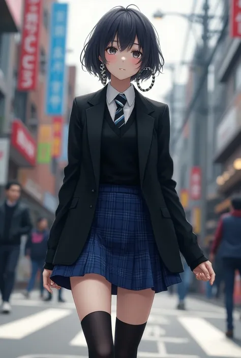 With twisted hoop earrings、 wearing a black long-sleeved suit with a striped tie 、 wearing black over-the-knee socks 、Make a picture of a Japanese high school girl with pale skin in a 、ショートカットの my skin is pale日本人女子高校生が街中を歩いてる写真作って。(Her hairstyle is a short...