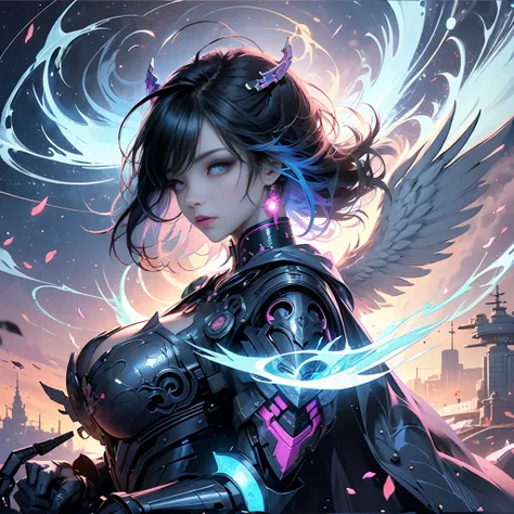 (masterpiece, Best Quality, Best Quality, Official Art, beautiful, Space, atmosphere, psychedelic, dreamlike, swirling psychedelic Space graffiti patterns,,Midea:1.2), ( 1 girl, Neon black hair, Mecha, beautiful, sexy, beautuful highly detailed hooded Mech...