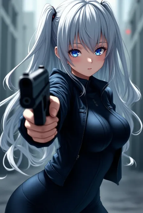  Beautiful anime girl with silver hair blue eyes,dressed as a criminal holding a gun 