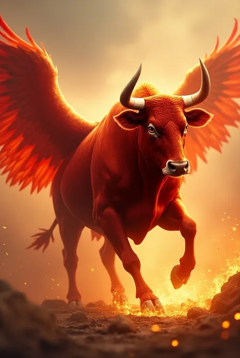 Make a red and white bull walk on a phoenix