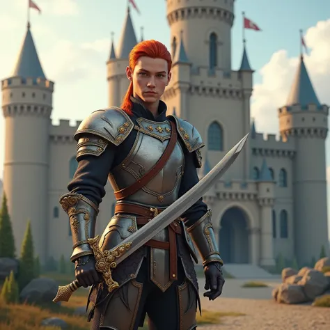 A young man with red hair parted to the center、Holding a large sword、armor、Outside the castle