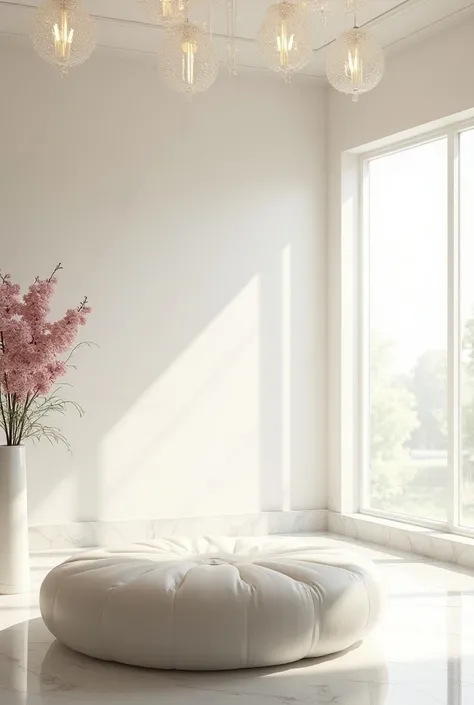 (photorealism:1.2), a big white bedroom, ottoman,a  white marble ceiling with chandeliers ,  white lilac and roses in vase, soft lighting, a big window with sunlight, cozy room, realistic, details and a appliances 