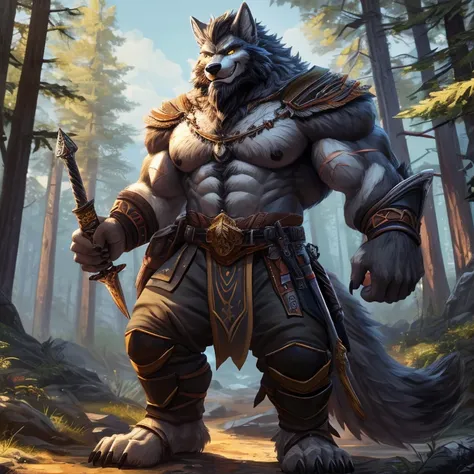 ((4K)). solo, anthro, furry, grey furry male, Grey wolf,((toothy smirk, grey fluffy fur, Furry Chest, Fluffy chest, fluffy, furry body, large, 7 feet, Tall, Beard)), scars), Bearded, muscular, grey body, glowing yellow eyes, Yellow Eyes, wolf tail, detaile...