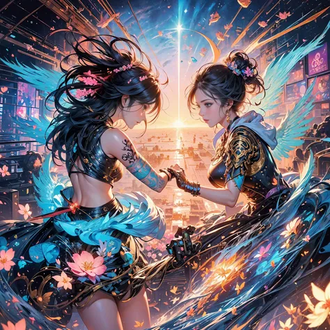 (masterpiece, Best Quality, Best Quality, Official Art, beautiful, Space, atmosphere, psychedelic, dreamlike, swirling psychedelic Space graffiti patterns,,Midea:1.2), ( 1 girl, Neon black hair, Mecha, beautiful, sexy, beautuful highly detailed hooded Mech...