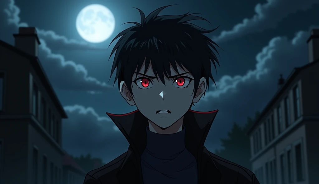 1boy, Vampire, black hair, red eyes, worried look, night time 