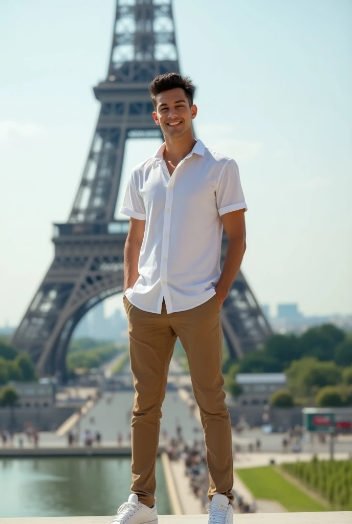 (8K, RAW photo, photorealistic:1.25), Full body shot, hdr photo, photorealistic, hyperrealistic, of a 25 year old handsome man, fit body trapezoid, white skin, oval shape, two block hairstyle, dressed in white shirts, khaki chinos, white air jordan sneaker...