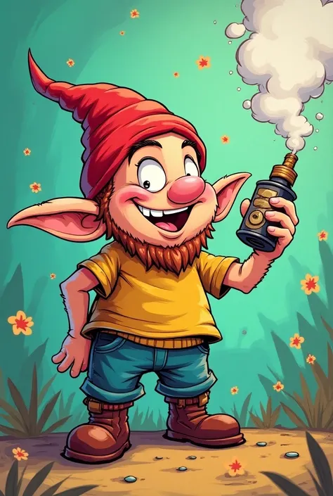 Create a gnome with a vape in his hand but more animated that looks like a drawing 