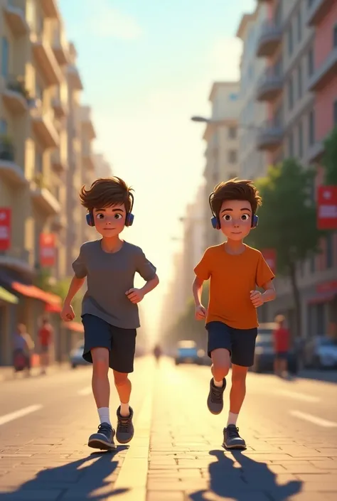 City scene, morning two young boys jogging on the street with headphones in their ears, wearing half pants and t-shirt, and sports shoes on their feet.