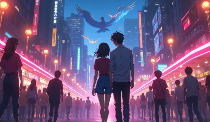 Generate image, Anime style, were inspired by the song "" IU and Suga 。 anime couple strolling through a sci-fi city full of parties and debauchery .  A waist-length girl with golden eyes leading a man with medium hair.  shadows of dragons and phoenixes ap...