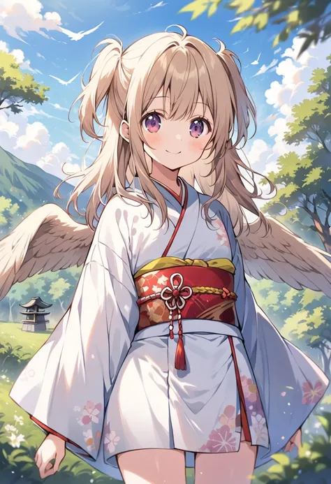 1 cute girl,
(light brown hair, lob hair, two side up, messy hair),
(dark magenta eyes, tareme),
smile,
parted lips,

looking at viewer,

(Japanese Kimono costume, short hem),
(light brown Bird Wings),

cowboy shot, solo, 

(depth of field),
noon sky, litt...