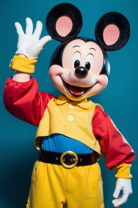  realistic image of what Mickey Mouse the mouse would look like in real life,  if it werent cartoon ,  with intense red shorts and yellow buttons , white gloves,  half pink face , light blue and yellow t-shirt ,  red and yellow blue sneakers ,  little blac...