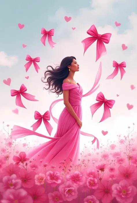 World Breast Cancer Day, symbolic representation of a Latina woman wrapped in pink ribbons floating around her, with five pink bows floating in the air, a giant bow behind her, in a field of pink flowers under a cloudy sky, text that says "Juntas somos más...