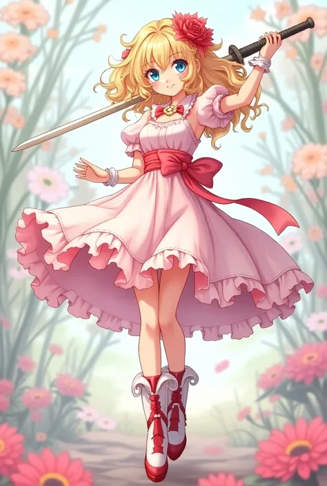 Female anime character with a sword
With a pink and white dress with a red flower in her hair ,  and curly blonde hair  , And she has blue eyes ,  red and white boots  