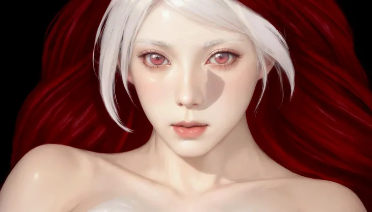 there is a woman with red hair and white hair, white haired deity, made with anime painter studio, pale porcelain white skin, white haired, tifa lockhart with white hair, pale - white skin, semirealistic anime style, white haired lady, girl with white hair...