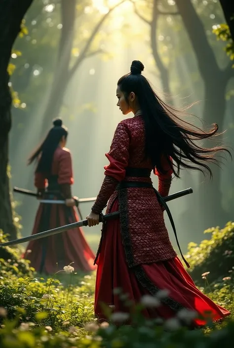 Chinese woman with long black hair wearing red scaly armor fighting lu-bu in a forest