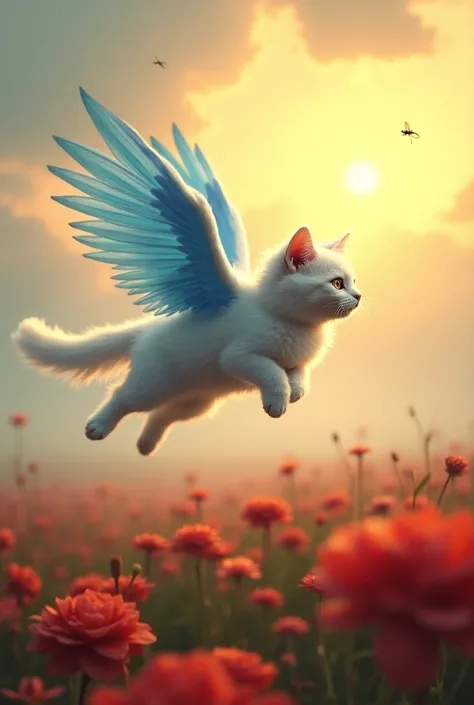 A medium-sized cat far away white with blue wings on a field full of red flowers and with fog and the sun on the horizon 
And luminous insects and yellow clouds