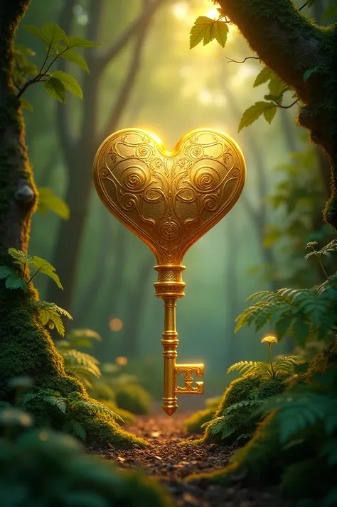 Enchanted forest with a golden key in the shape of a heart floating with movement