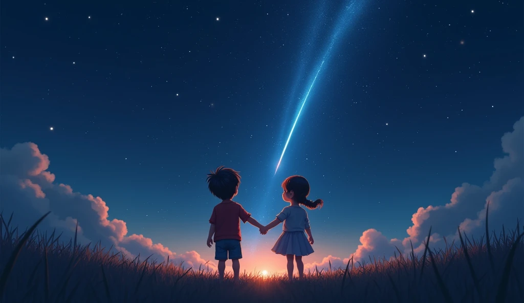 "Imagine an 8K resolution CG illustration,Using a gaming graphic style, Capturing a scene of two children admiring a masterpiece, A boy and a girl, A scene seen from behind, Hand in hand, looking up at the meteor shower streaking through the dark night sky...