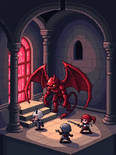 (Best Quality,Very detailed depiction, Incredible Hi-Res, pixel art),Deformed Characters,Chibi Character,Isometric view,Inside the church,During combat,Giant Succubus,Devil&#39;s Wings,latex,Female Swordsman,Screenshots of the game