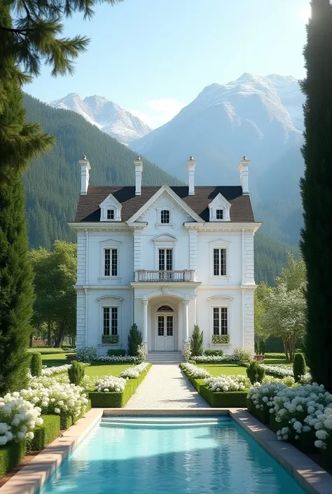 (photorealism:1.2), a big angelic white house with a pool , with each side full of flowers, in the countryside of France ,  white lilac and roses in vase, soft lighting, a big windows, and mountains, trees, realistic, details and  two pine trees at the fro...