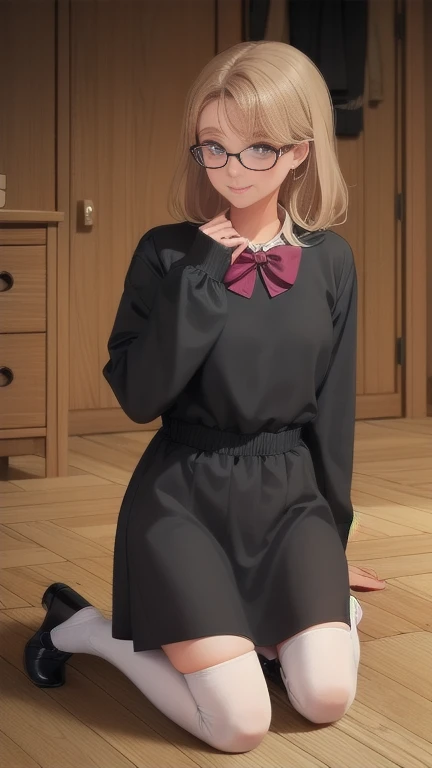 Pastora ,  Dark gray dress with long sleeves and reaches up to the knees,  light gray stockings , flat black ballet shoes , light skin,  brown hair with a marked blonde gradient , white glasses, blushing, with a shy smile, big tits, big ass,  in an empty r...