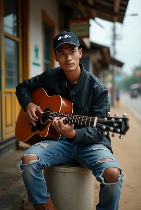 Indonesian man, handsome face, wearing a baseball cap that says dhegol, wearing torn jeans, wearing boots, wearing a black bomber jacket, playing guitar while sitting in a cigarette stall on the side of the village road, face looking at the camera.