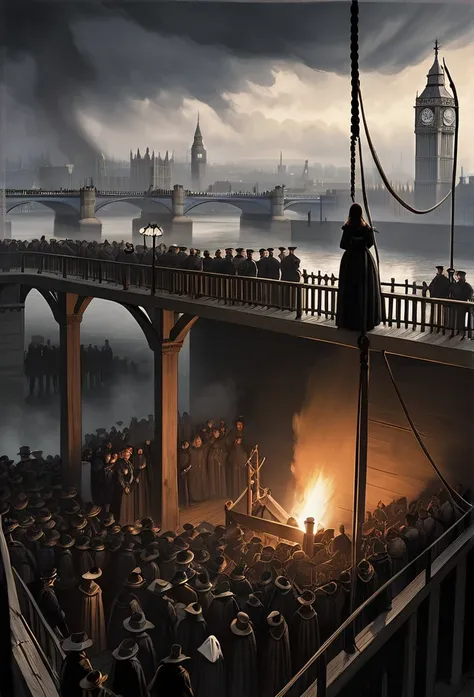 The Execution of Elizabeth Barton: "A dramatic scene showing the execution of Elizabeth Barton. She is on the gallows, her face serene yet determined. The crowd around her watches in silence, while the iconic London Bridge looms in the background, where he...