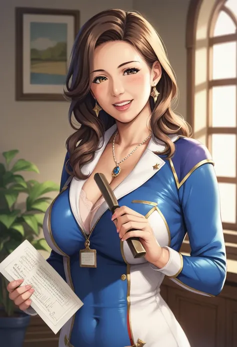 ((Best Quality)), ((masterpiece)), (detailed), (1 girl), sexy, １６８cm,  bright breasted married woman with bright brown hair and a 120cm bust,  mature woman, ((( holding a file in her hand ))),  mature woman, Watery-eyed mother, (((オフィスに佇む))), ( holding a f...