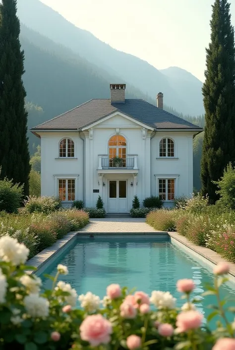 (photorealism:1.2), a
 angelic white house with a pool , with each side full of flowers, in the countryside of France ,  white lilac and roses in vase, soft lighting, a big windows, and mountains, trees, realistic, details and  two pine trees at the front ...