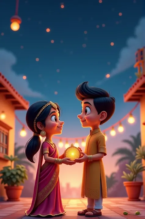 karwa chauth 3d cartoon photo A married couple on the roof of the house Looking at her husband through a sieve 