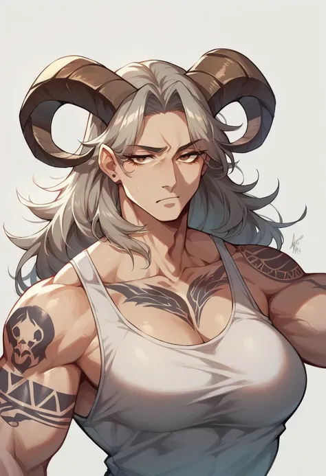 Muscular, mature 20 year old, tattoos, long hair, ram horns, tank top