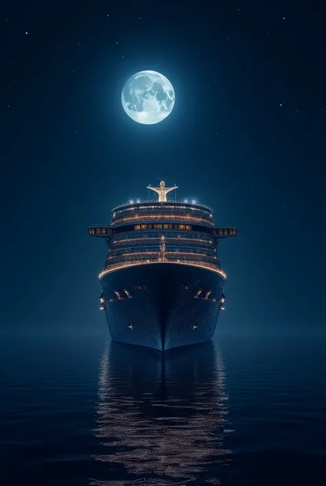 a large cruise ship with lights on under a full moon on a magical starry night