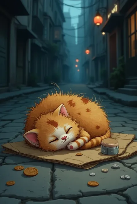 A scruffy, cartoon-style cat sleeping on a cracked urban footpath, curled up on a piece of old cardboard. The cat has a ragged appearance with patches of missing fur, a dirty coat, and drooping ears. Its face shows exhaustion, with eyes closed peacefully. ...